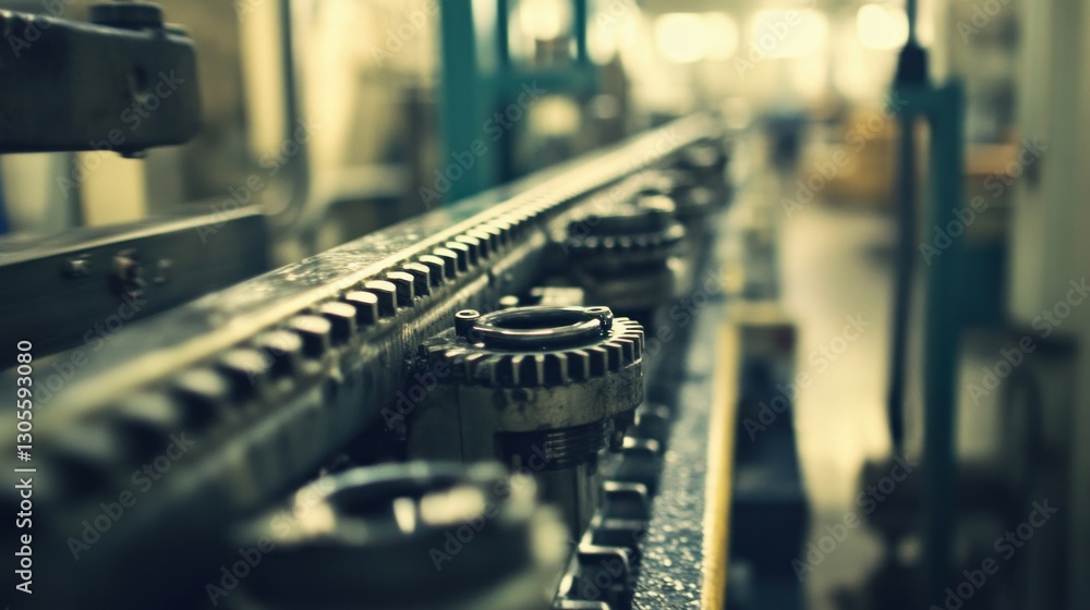 Poster industrial gear rack with multiple metal components in a factory setting