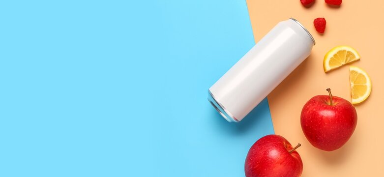 Can of fresh soda and fruits on color background with space for text