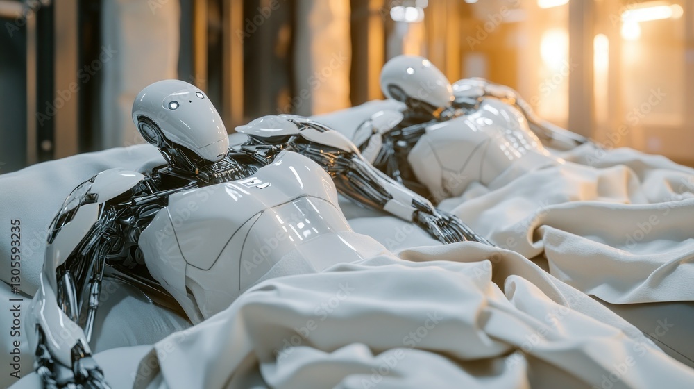 Poster two humanoid robots rest on a white bed under soft covers