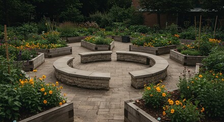 Fototapeta premium Organized circular tranquil garden design with stone benches and vibrant yellow blooming flowers, concept for urban green spaces, sustainable living and outdoor relaxation areas
