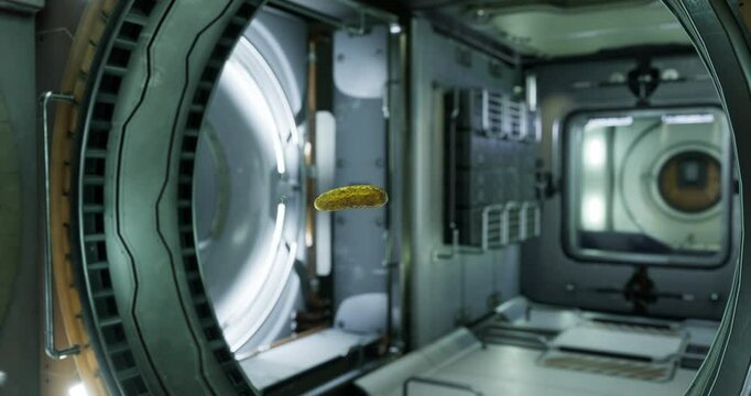A pickled cucumber is seen floating freely inside the international space station, showcasing the effects of zero gravity. The unique environment allows for unexpected scenarios with food.
