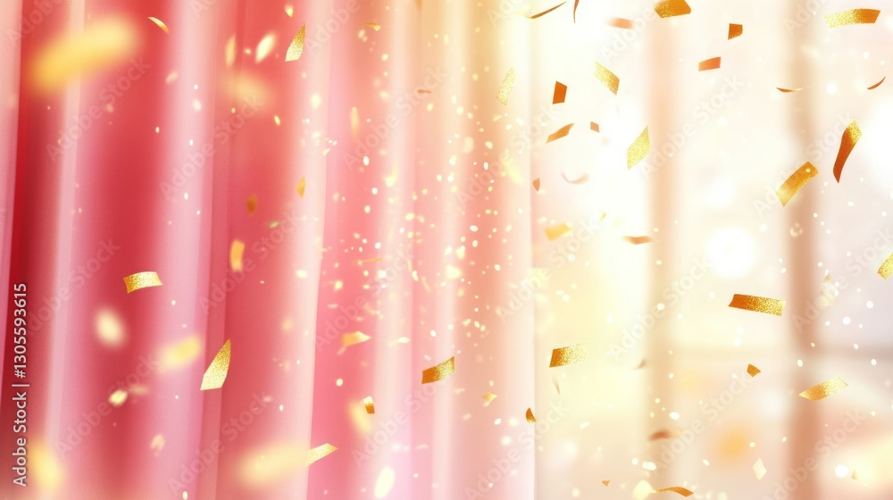 Poster pink curtains with falling golden confetti in a bright setting