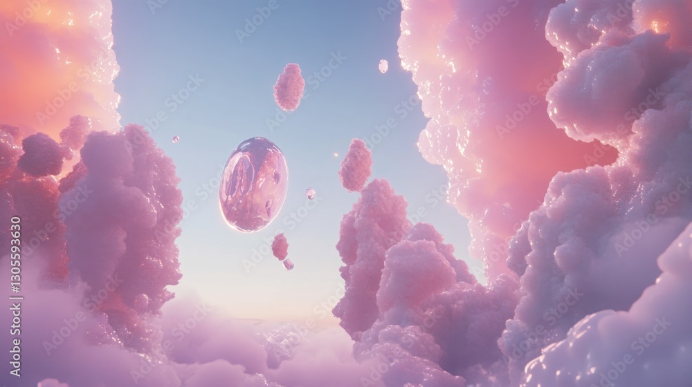 Aufkleber floating pink clouds with a shiny bubble and a sky view