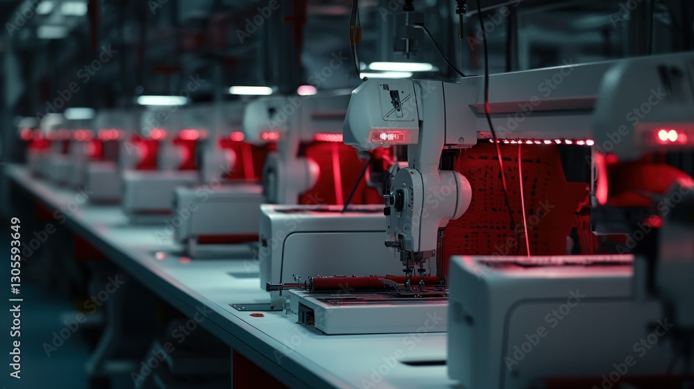 Poster Automated Sewing Machines Illuminated with Red Lights in a Row