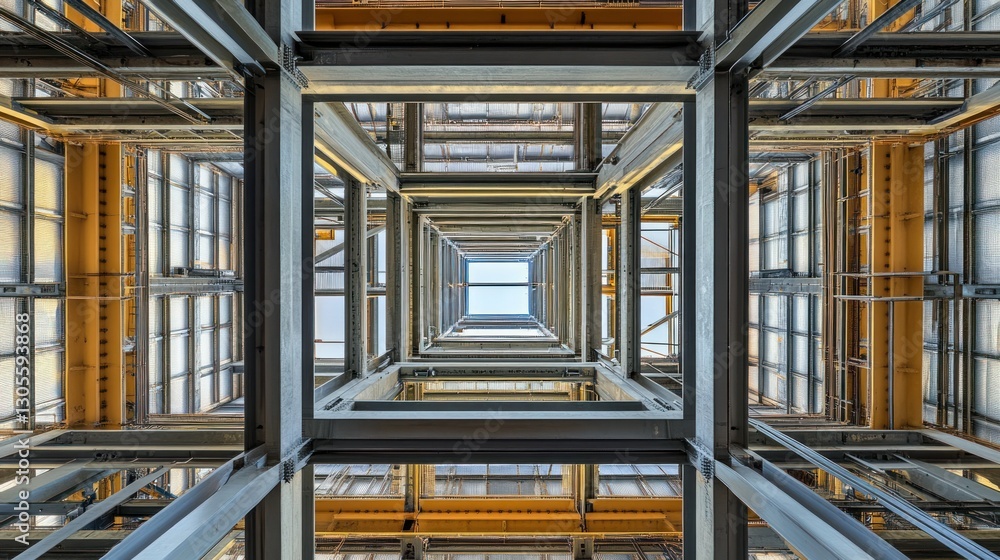 Poster abstract photograph of an interior building structure looking upwards towards the sky