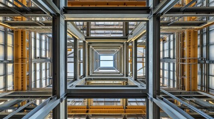 Abstract photograph of an interior building structure looking upwards towards the sky