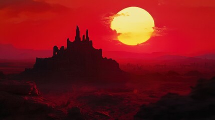 The silhouetted castle rests on a rugged landscape during a sunset