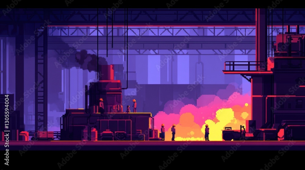 Poster workers in a factory environment are operating near hot flames