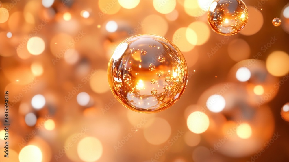 Poster shiny glass bubbles are floating in a beautiful golden background