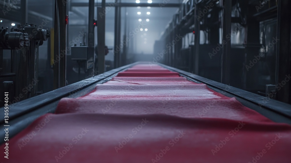 Poster a red conveyor belt in an industrial setting is visible