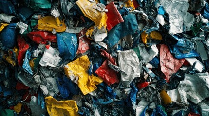 Colorful plastic waste forms a pattern within a landfill environment