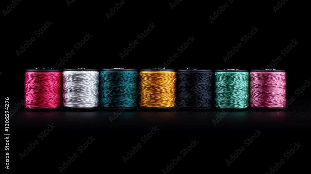 Poster Several colorful spools of thread placed in neat row