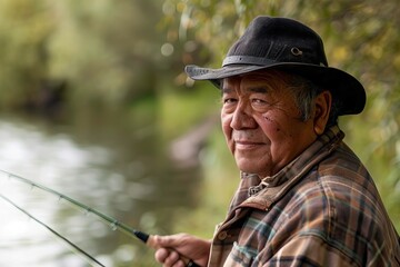 Photo of retired Caucasian male veteran fishing in the park with a rod.