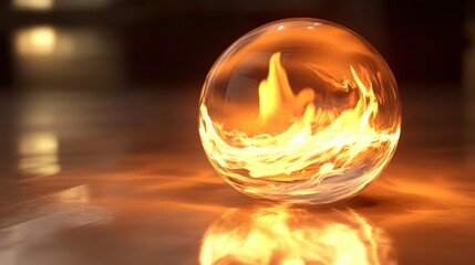 Glass sphere contains fire and reflects on smooth surface below