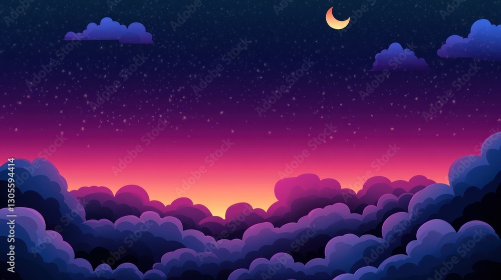 Aufkleber a stylized night scene featuring clouds and a crescent moon