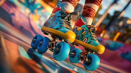 Fototapeta premium Colorful Roller Skates On A Bright Skate Park