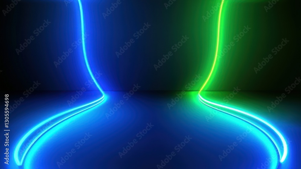 Poster two curved glowing neon lines against a dark background create contrast
