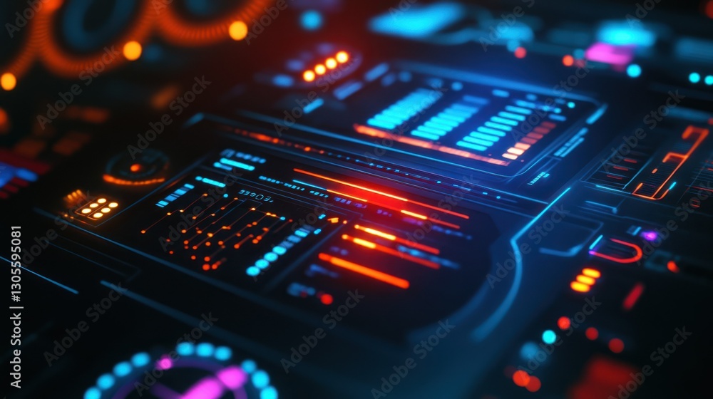 Poster Modern technology interface with data screens and multiple glowing lights