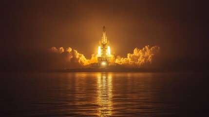 A majestic rocket launching into the dark expanse of space