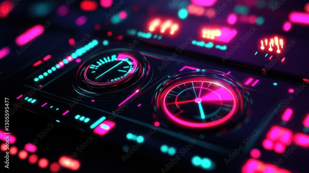 Poster Futuristic Digital Panel Shows Illuminated Dials And Display Graphics