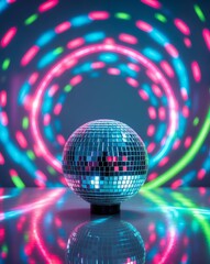 Fototapeta premium Disco ball on a table with colorful lights in the background creating a festive atmosphere for a party.