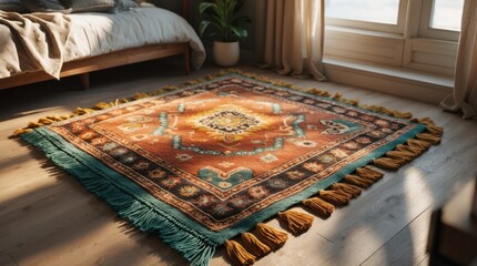 A vibrant rug with a unique ethnic pattern in shades of teal and orange, featuring tassels and intricate details. 