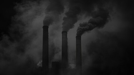 Three Smoke Stacks Releasing Dark Smoke Into The Sky