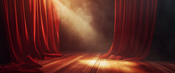 Red velvet curtains frame a wooden stage, illuminated by a spotlight creating a smoky ambiance, showcasing a presentation space ideal for announcements or product reveals