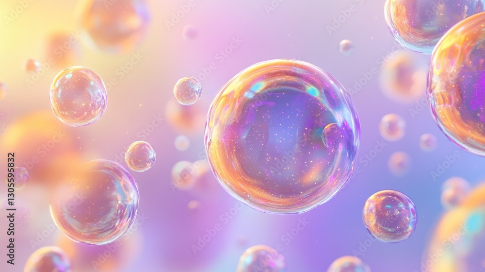 Aufkleber transparent bubbles float in a purple and yellow gradient background