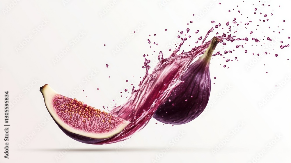 Poster a juicy fig slice with liquid splashing across the surface