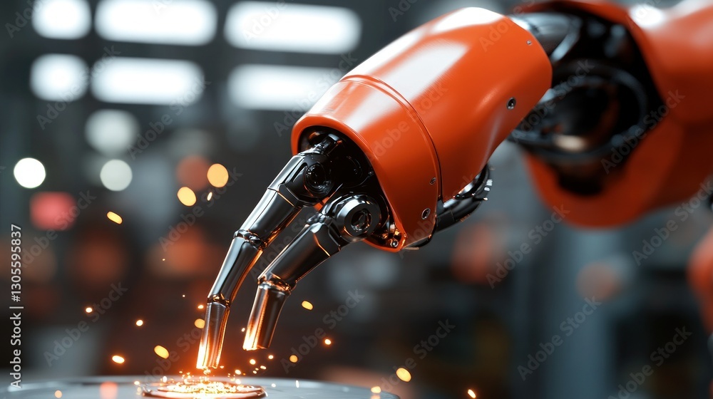 Poster a robotic arm welding metal with sparks in a workshop
