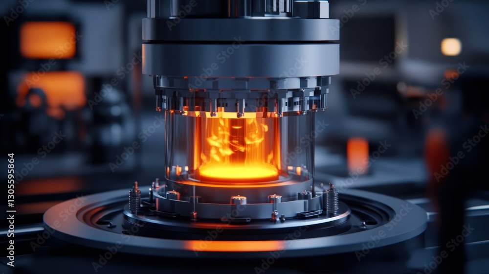 Poster a futuristic laboratory machine with burning orange reactor inside