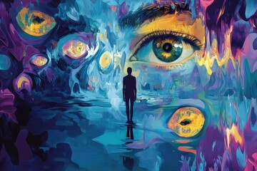 A solitary person stands before a giant observing eye depiction