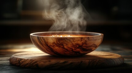 Steaming soup in wooden bowl on rustic table