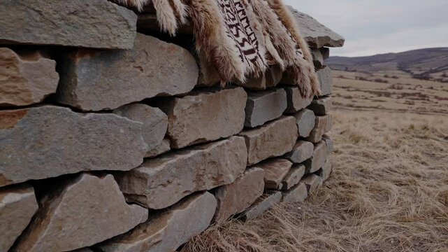 Traditional andean wool blanket with geometric patterns hanging over stone wall, dry grassland and rolling hills beneath overcast mountain landscape