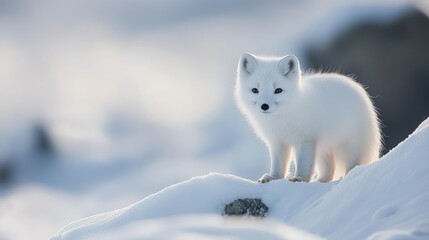 A fluffy white arctic fox standing on a snowy winter scene
