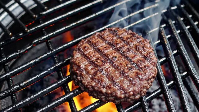 Flame licked burger searing on grill, smoky caramelization developing, dark grill marks highlighting juicy meat's intense charring process