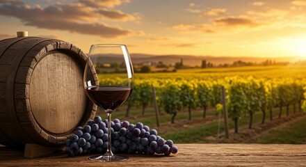 Wine glass filled with red wine next to fresh grapes and a wooden barrel at sunset over a vineyard landscape