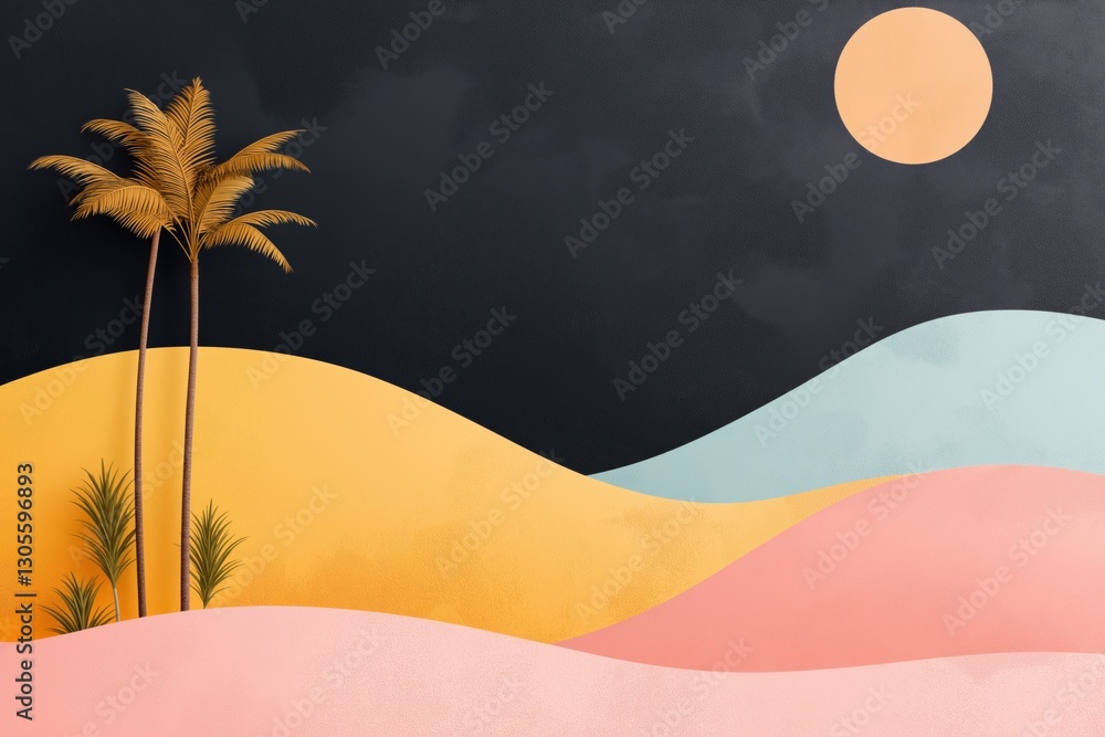 Poster a painting of a desert with a palm tree and a moon in the sky. the painting has a warm and peaceful 