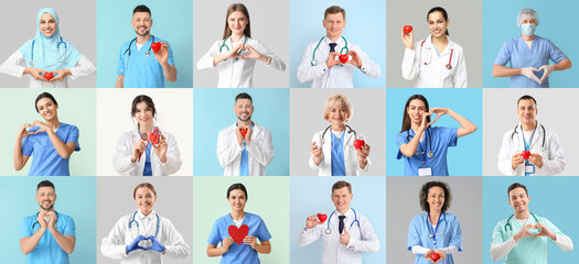 Collage of cardiologists on color background