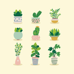 A set of potted plants, succulents, and cacti in a modern, minimalistic style. Aesthetic botanical vector set perfect for home decor, prints, stickers, web, and social media design.