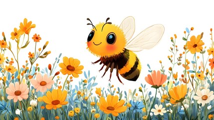 A Charming and Cheerful Cartoon Bee Exploring a Garden of Lovely Flowers on a Bright White Background