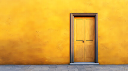 A sleek golden door against a minimalist yellow wall, inviting exploration and signifying potential opportunities ahead. Delight - Fairytale. Illustration