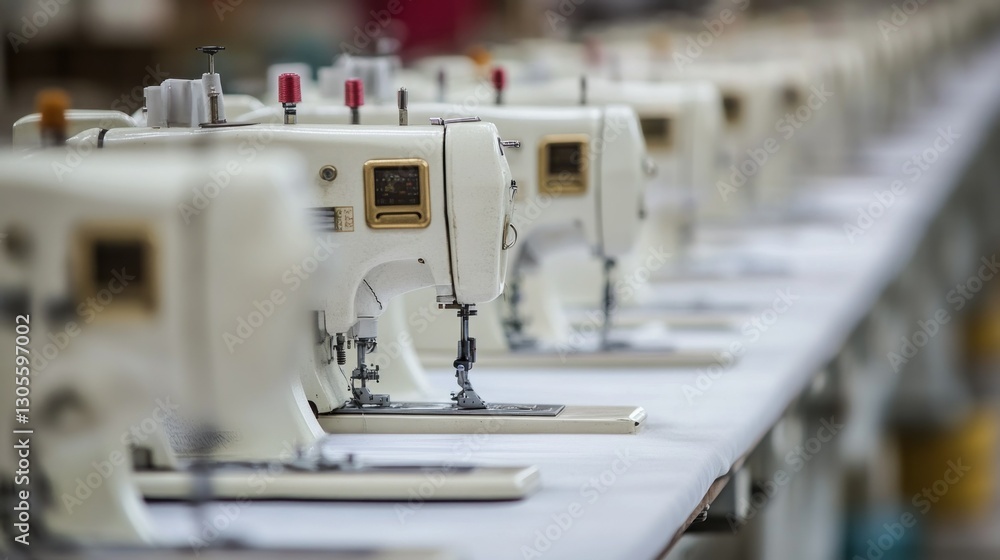 Poster sewing machines aligned in a row on a large white table