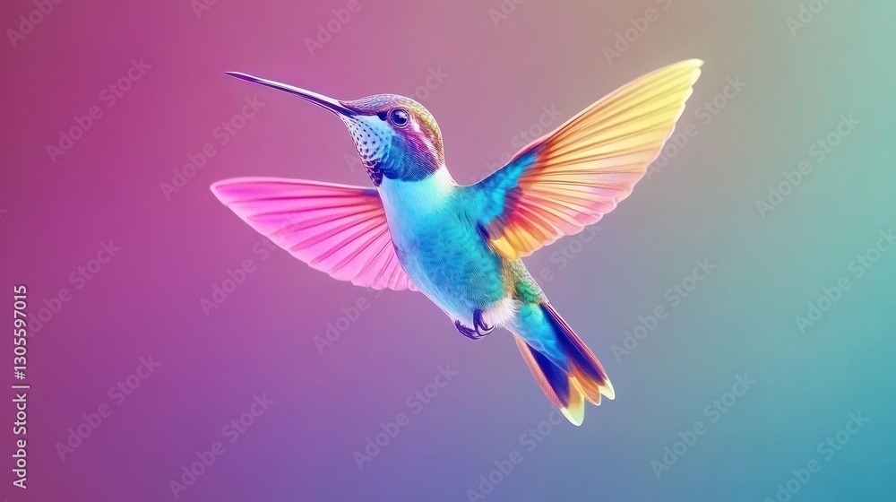 Poster a colorful hummingbird with spread wings is flying forward