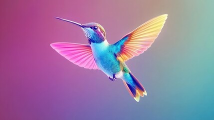 Fototapeta premium A colorful hummingbird with spread wings is flying forward