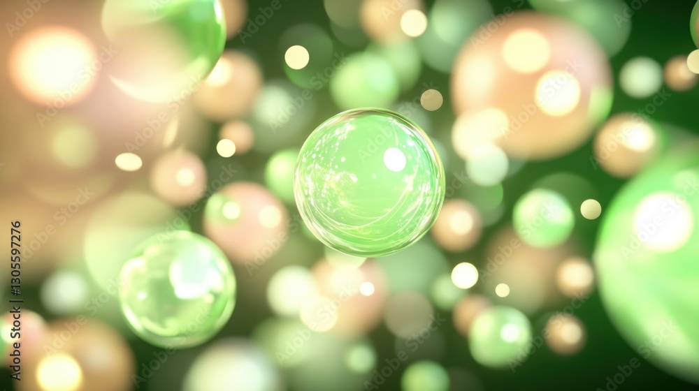 Poster green spheres float with glowing circles in the background beautifully