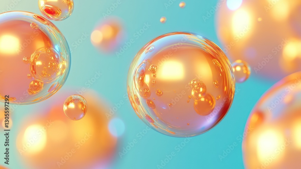 Poster numerous translucent golden bubbles float over a teal colored background