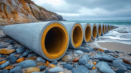 Coastal Concrete Pipes, Waves, Shore, Cloudy Sky. Possible use Stock Photo