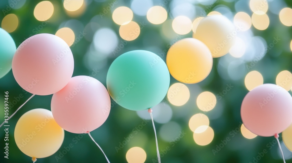 Poster colorful pastel balloons floating with a blurred background of lights